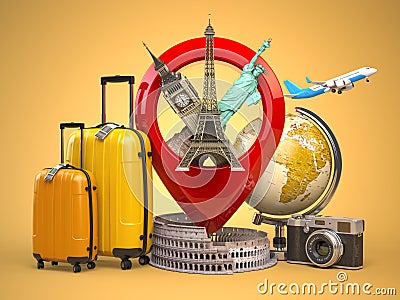 Tourism and travel concept. Pin pointer with famous tourist attractions, camera, suitcases and airplane. Eiffel tower, big ben, Cartoon Illustration