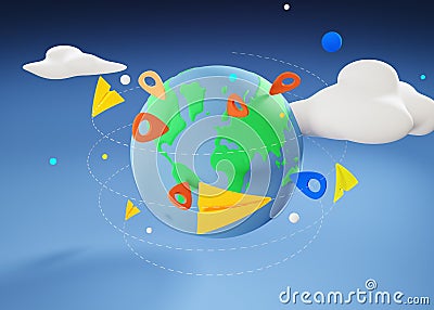 Tourism and travel concept - planes fly around the earth on given routes with geotags in the form of tourist pins, 3d image Stock Photo