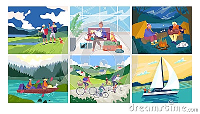 Tourism and travel set of banners vector illustration. People hiking, adventure travel or camping trip. Men and women Vector Illustration