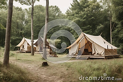 tent luxury light canvas travel vacation forest camping glamping nature. Generative AI. Stock Photo