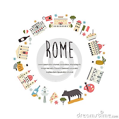 Tourist abstract design with famous destinations and landmarks of Rome Vector Illustration