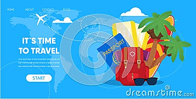 Tourist Accessories Backpack Passport Plane Ticket Vector Illustration