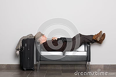 Tourist in anticipation of landing on aircraft Stock Photo