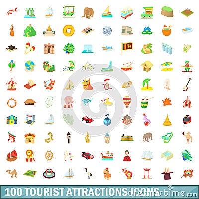 100 tourist attraction icons set, cartoon style Vector Illustration