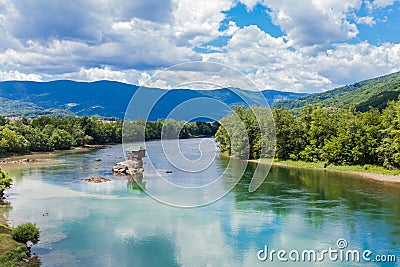 Tourist attraction , romantic ,wooden cabin-like house ,on the rock at Drina river, Serbia Stock Photo