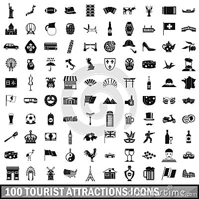 100 tourist attractions icons set, simple style Vector Illustration