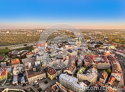 Lublin - old city from the bird`s eye view. Monuments of Lublin: Trinitarian tower, Po Farze Square, Old Crown Court. Stock Photo