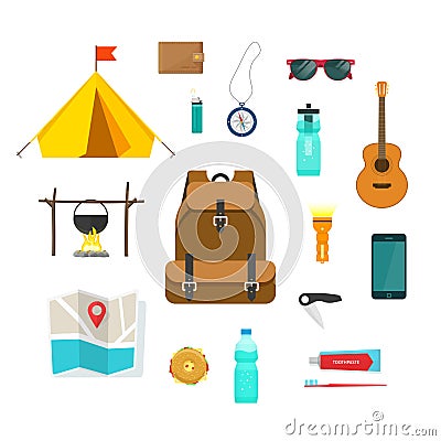 Tourist backpack with camping hiking things equipment to travel Vector Illustration