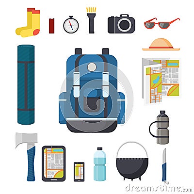 Tourist backpack. Great marching backpack with a set of tourist things for travel. Vector Illustration