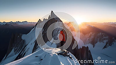 A tourist with a backpack stands on the top of the mountain and admires the beautiful view and sunrise. Stock Photo