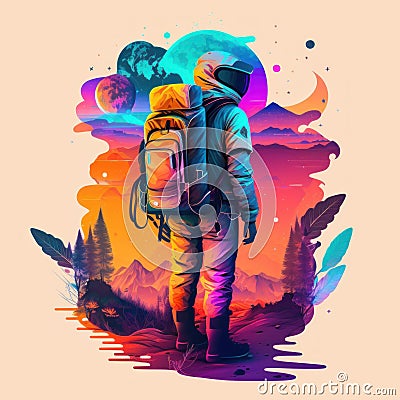 Tourist with a backpack is traveling. Beautiful colorful illustration. style. Generative AI Cartoon Illustration