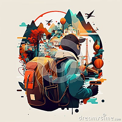 Tourist with a backpack is traveling. Beautiful colorful illustration. style. Generative AI Cartoon Illustration