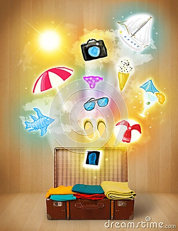 Tourist bag with colorful summer icons and symbols Stock Photo