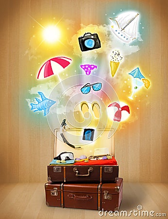 Tourist bag with colorful summer icons and symbols Stock Photo
