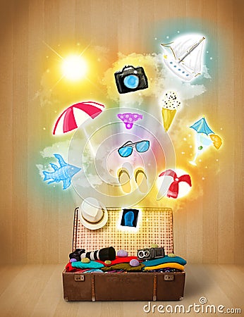 Tourist bag with colorful summer icons and symbols Stock Photo