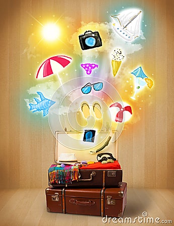 Tourist bag with colorful summer icons and symbols Stock Photo