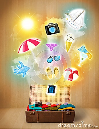 Tourist bag with colorful summer icons and symbols Stock Photo