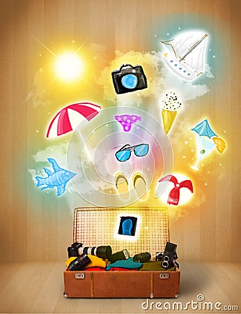 Tourist bag with colorful summer icons and symbols Stock Photo