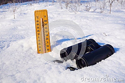 Tourist binoculars and winter landscape Stock Photo