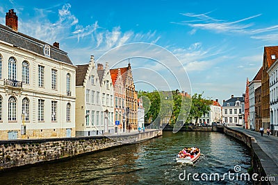 Tourist boat in canal. Brugge Bruges, Belgium Editorial Stock Photo