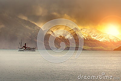 Tourist boat cruising in lake wakatipu queenstonw southland new Stock Photo