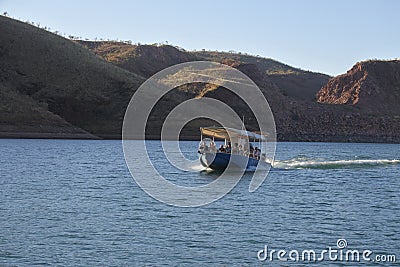 Tourist boat sailing on Lake Argyle Ord River Dam Kimberley Western Australia Editorial Stock Photo