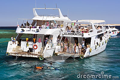 Tourist boat trip around the Sinai on the yacht, Red sea, Sharm Editorial Stock Photo