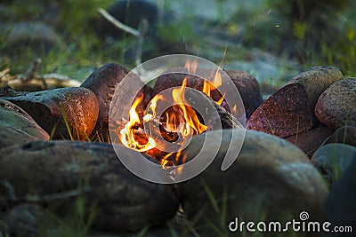 Tourist bonfire at dusk in the forest Stock Photo