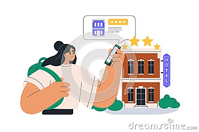 Tourist booking hotel online with app, checking reviews in internet on smartphone. Search and book travel accommodation Vector Illustration