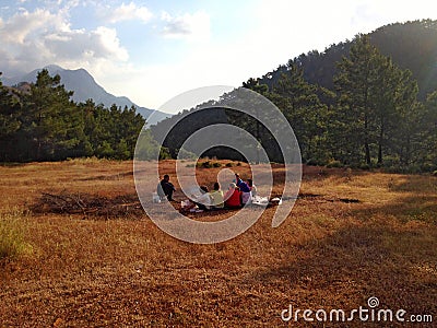 Tourist camp with tents and fire Stock Photo