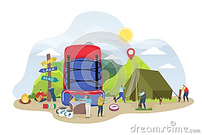 Tourist camping illustration, cartoon tiny people preparing campsite tent in summer day, backpacking nature eco trip Vector Illustration