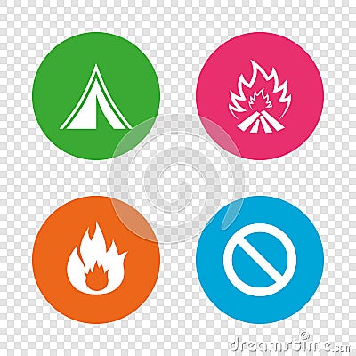 Tourist camping tent sign. Fire flame icons. Vector Illustration