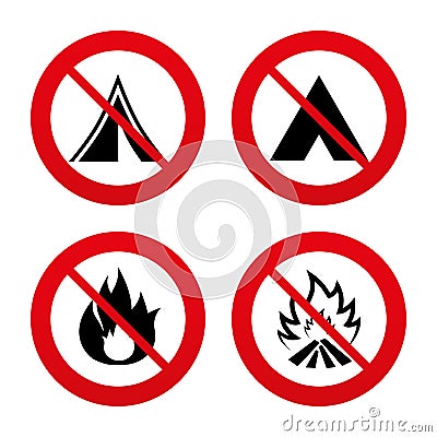 Tourist camping tent signs. Fire flame icons Vector Illustration