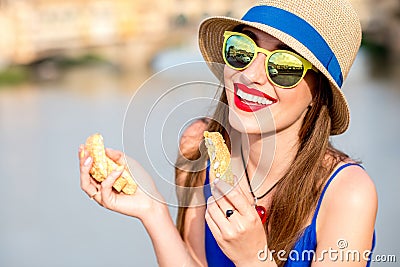 Tourist with cantuccini cookie in florence Stock Photo