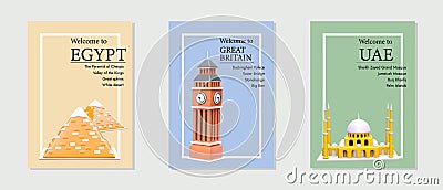 Color vector posters about visiting sights in UAE, Great Britain, Egypt Vector Illustration