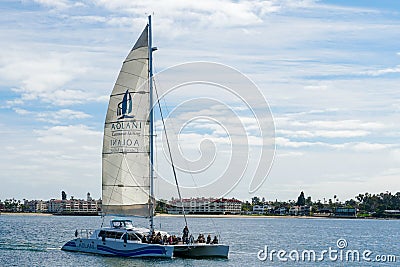 Tourist catamaran sailing boat in the Mission Bay of San Diego, California, USA. Editorial Stock Photo