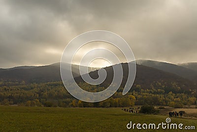 Tourist come down from above of Tarnica - the highest mountain in Bieszczady on the polish territory Stock Photo