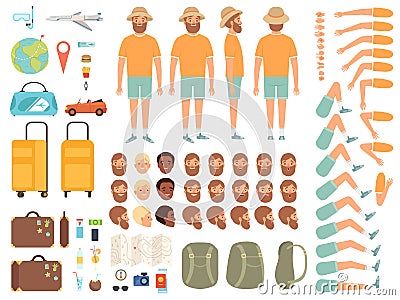 Tourist constructor. Male character body parts suitcase tickets and other items for travelling vector creation kit Vector Illustration