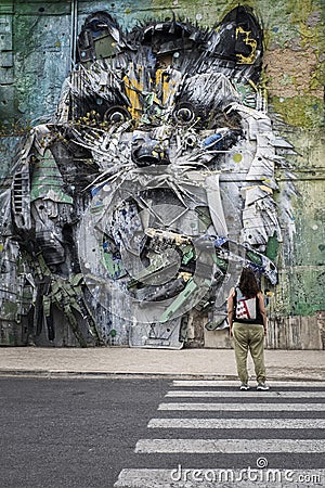 a tourist contemplates the artwork of big raccoon by street artist bordalo ii, street art, urban nature, in the district of belem Editorial Stock Photo