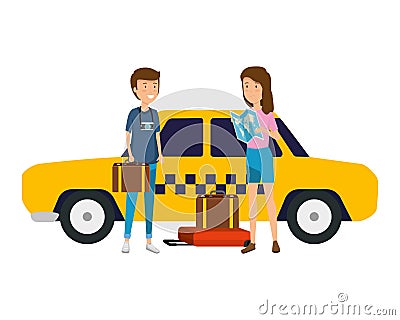 Tourist couple with suitcases in taxi characters Vector Illustration