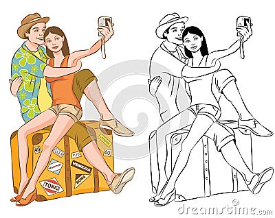 Tourist Couple Taking Their Self Portrait Vector Illustration Vector Illustration