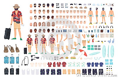 Tourist creation set or DIY kit. Collection of cartoon character s body parts, face with different emotions and skin Vector Illustration
