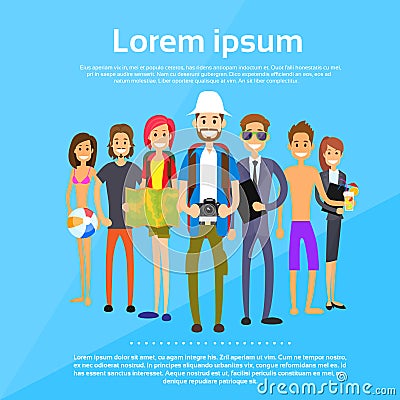 Tourist Diverse Cartoon People Group Characters Vector Illustration