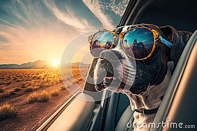 Tourist dog driving in a car. Summer holiday adventure Stock Photo