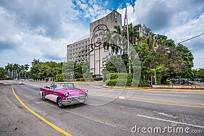 Tourist drive vintage car in Plaza de la Revolution, Havana, Cu Editorial Stock Photo