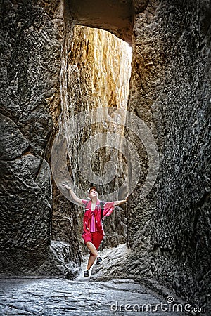 Tourist in Ellora caves Stock Photo