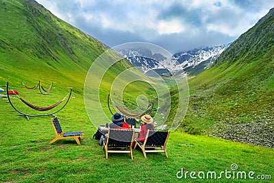 Tourist enjoy view of mountain valley landscape in Juta, Georgia Stock Photo