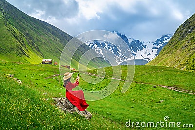 Tourist enjoy view of mountain valley landscape in Juta, Georgia Stock Photo