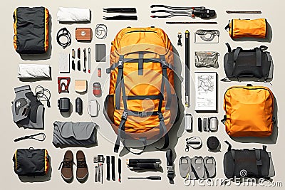 Tourist equipment, backpack layout, deconstructed. Beautiful illustration picture. Generative AI Cartoon Illustration