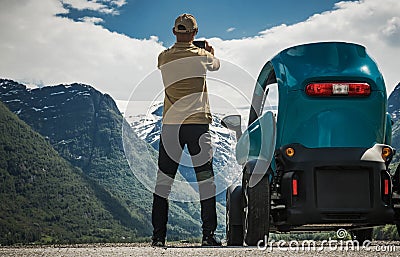 Tourist Exploring Norwegian Vestland Region Stock Photo